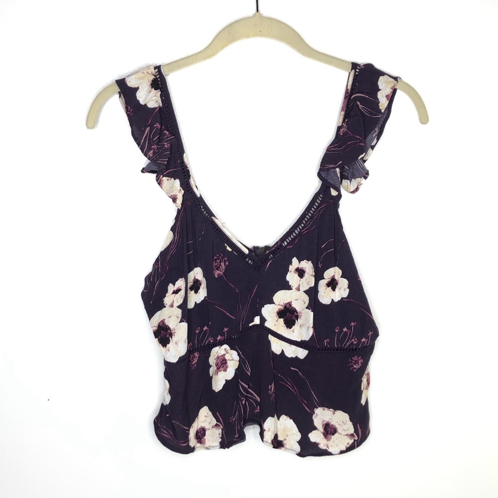 💜 Leith floral zip up ruffle flutter tank top crop top size large - Picture 4 of 8